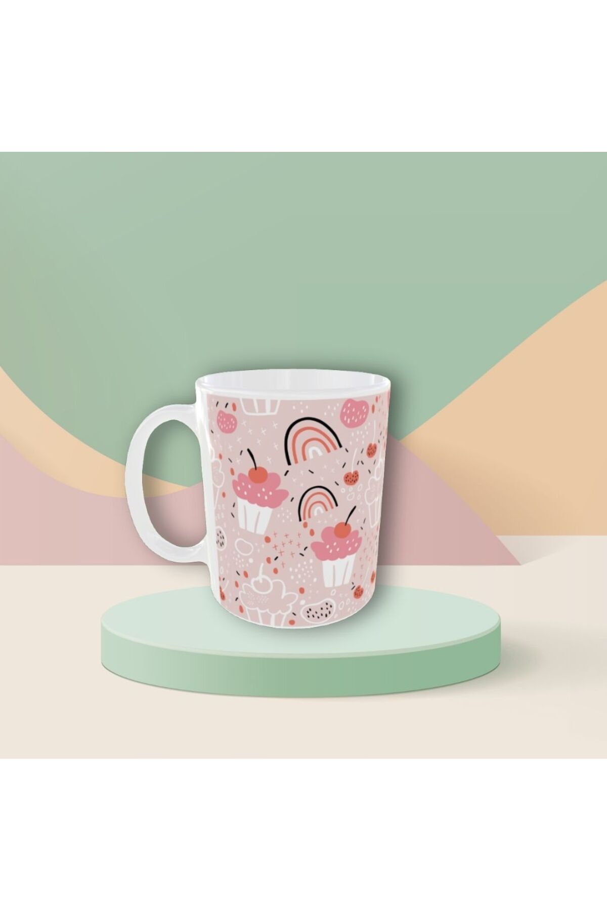 PASTEL RENKLİ ŞİRİN CUPCAKE DESENLİ TASARIM KUPA