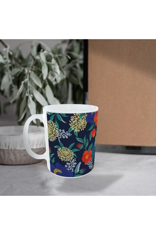 MODERN MAVİ KIRMIZI ÇİÇEK DESENLİ TASARIM KUPA