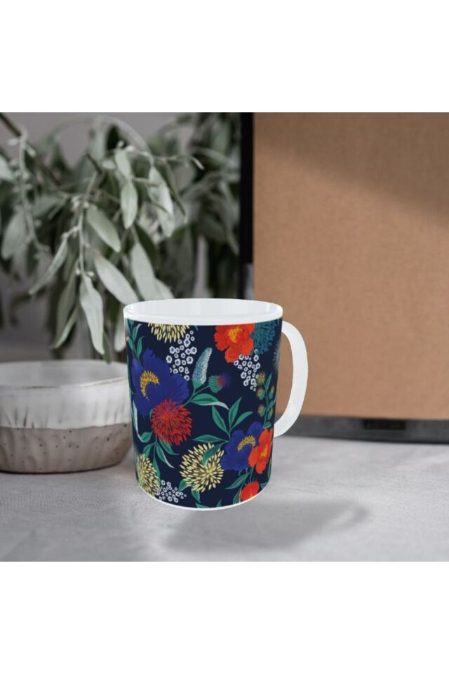 MODERN MAVİ KIRMIZI ÇİÇEK DESENLİ TASARIM KUPA