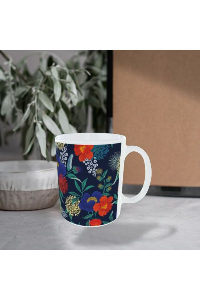 MODERN MAVİ KIRMIZI ÇİÇEK DESENLİ TASARIM KUPA