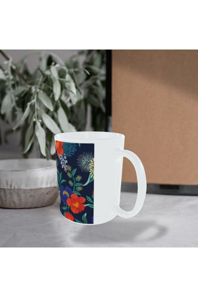 MODERN MAVİ KIRMIZI ÇİÇEK DESENLİ TASARIM KUPA