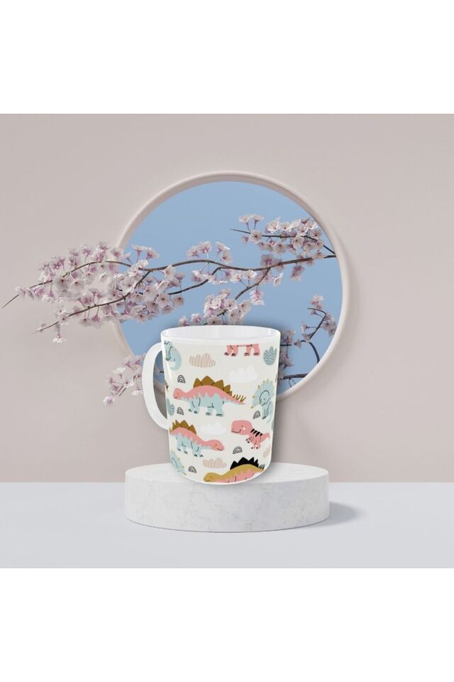 ŞİRİN PASTEL RENKLİ DİNAZOR DESENLİ TASARIM KUPA