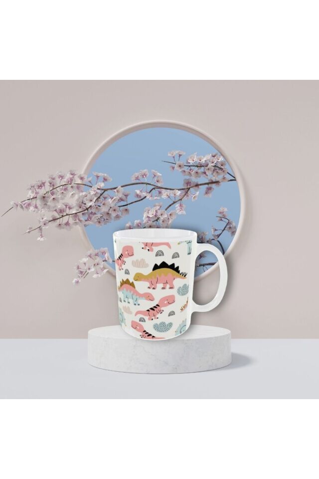 ŞİRİN PASTEL RENKLİ DİNAZOR DESENLİ TASARIM KUPA