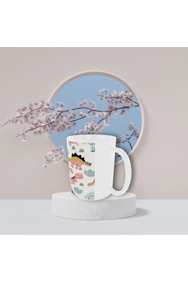 ŞİRİN PASTEL RENKLİ DİNAZOR DESENLİ TASARIM KUPA