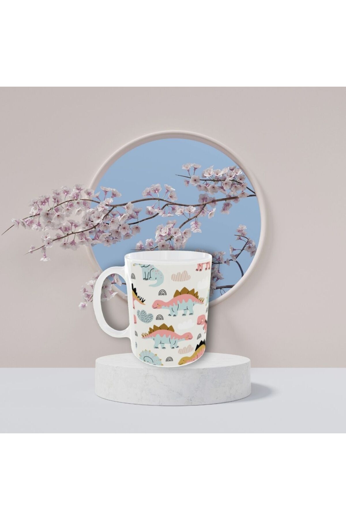 ŞİRİN PASTEL RENKLİ DİNAZOR DESENLİ TASARIM KUPA