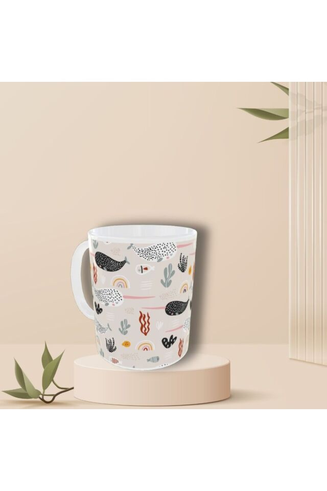 PASTEL RENKLİ ŞİRİN BALİNA DESENLİ TASARIM KUPA