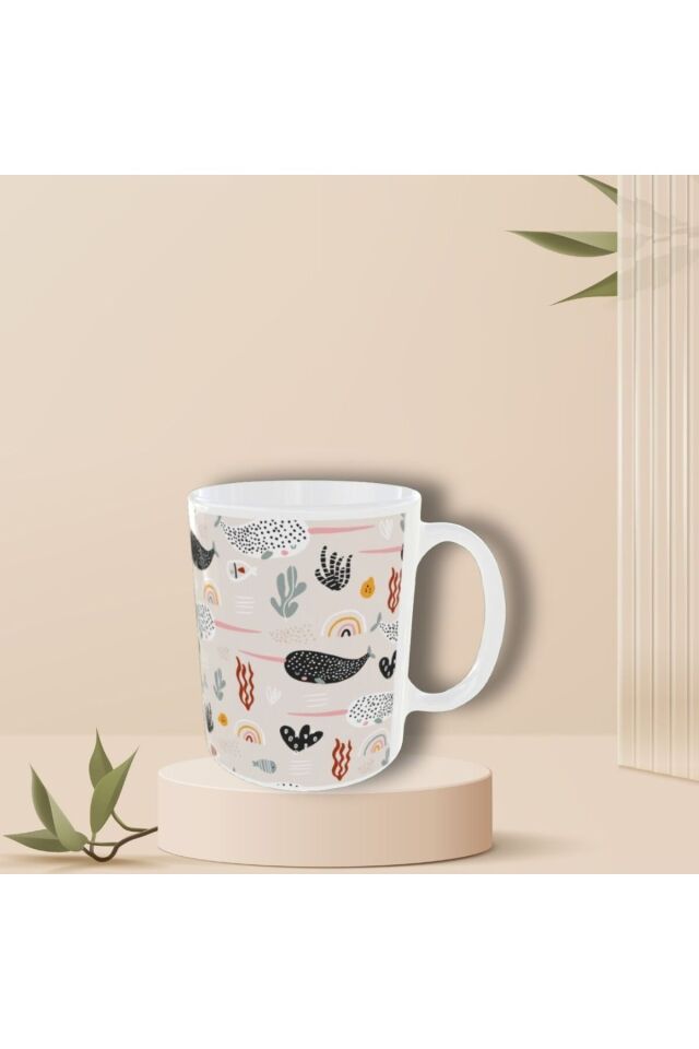 PASTEL RENKLİ ŞİRİN BALİNA DESENLİ TASARIM KUPA