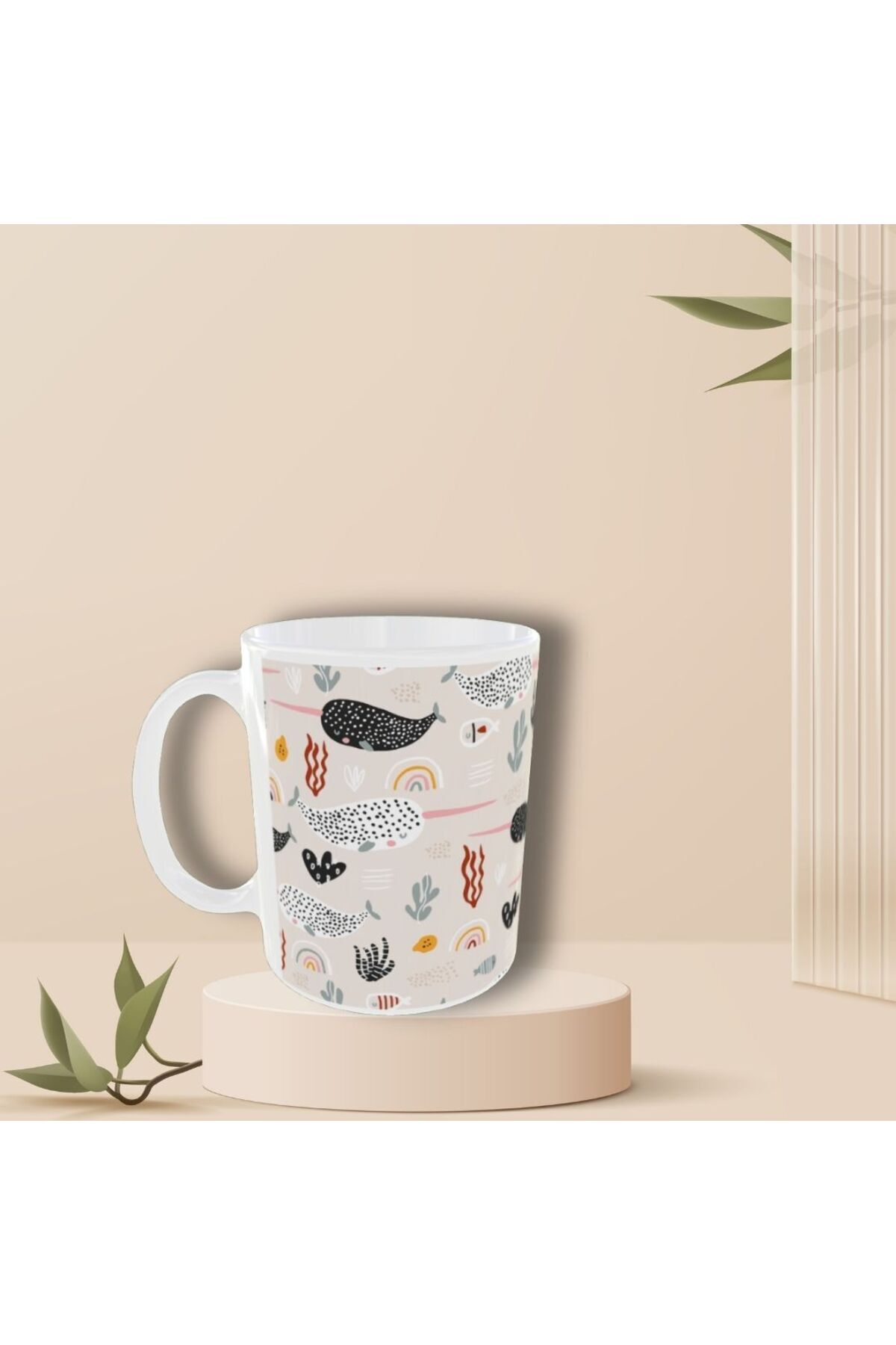 PASTEL RENKLİ ŞİRİN BALİNA DESENLİ TASARIM KUPA