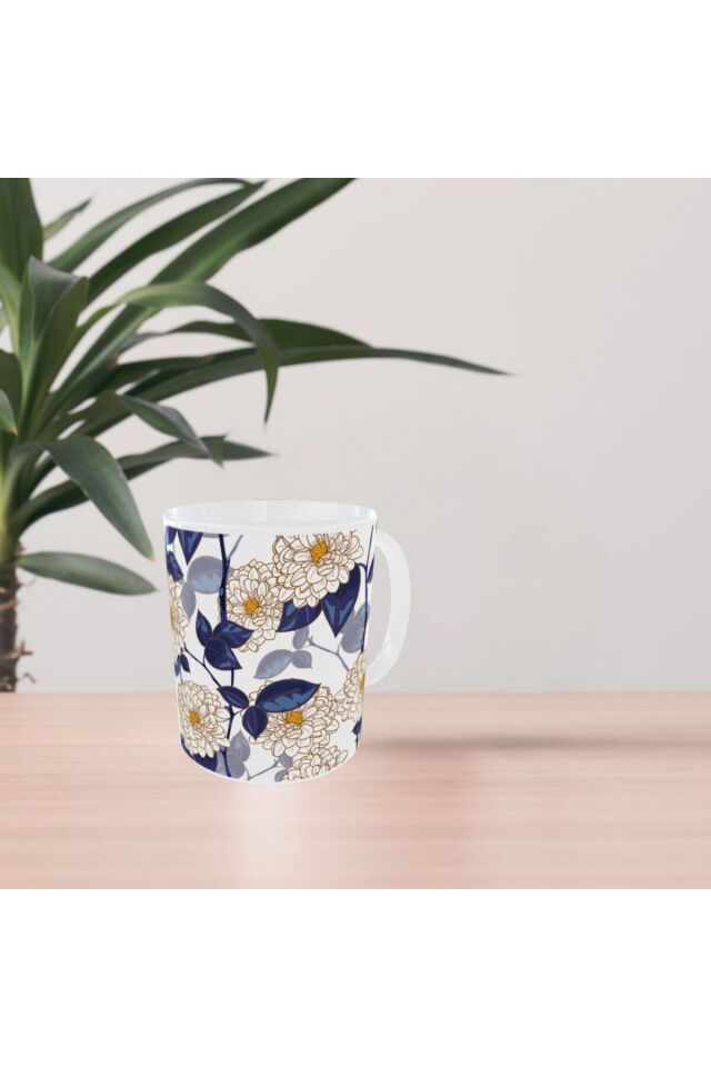 MODERN MAVİ BEYAZ ÇİÇEK DESENLİ TASARIM KUPA