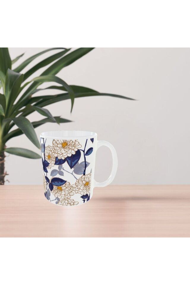 MODERN MAVİ BEYAZ ÇİÇEK DESENLİ TASARIM KUPA