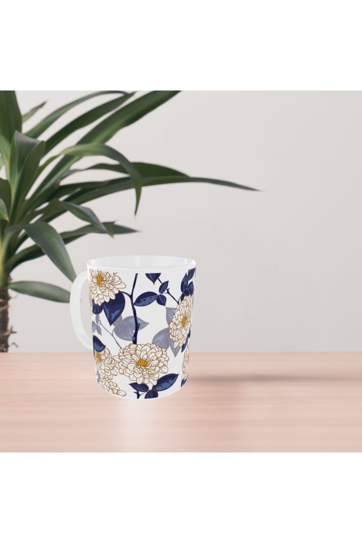 MODERN MAVİ BEYAZ ÇİÇEK DESENLİ TASARIM KUPA