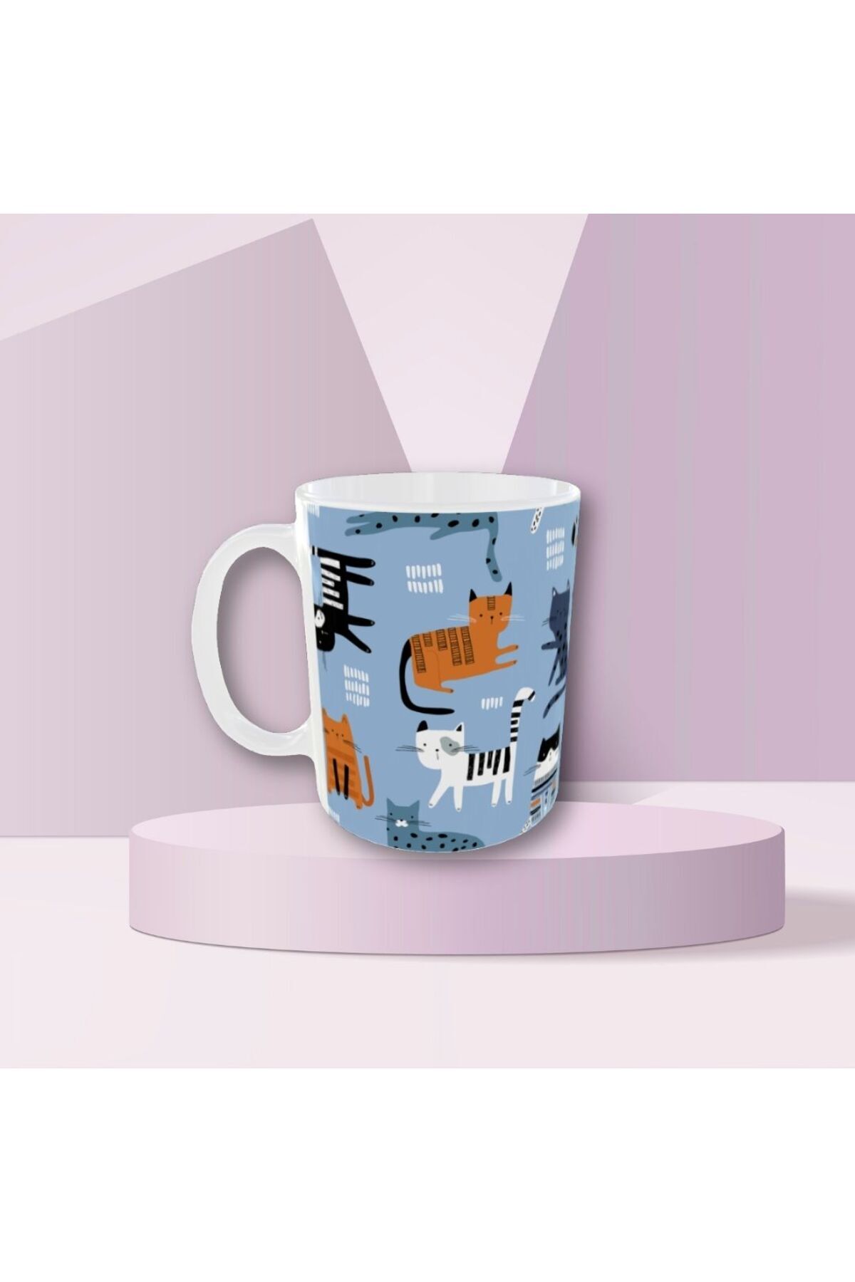 PASTEL RENKLİ ŞİRİN KEDİ DESENLİ TASARIM KUPA