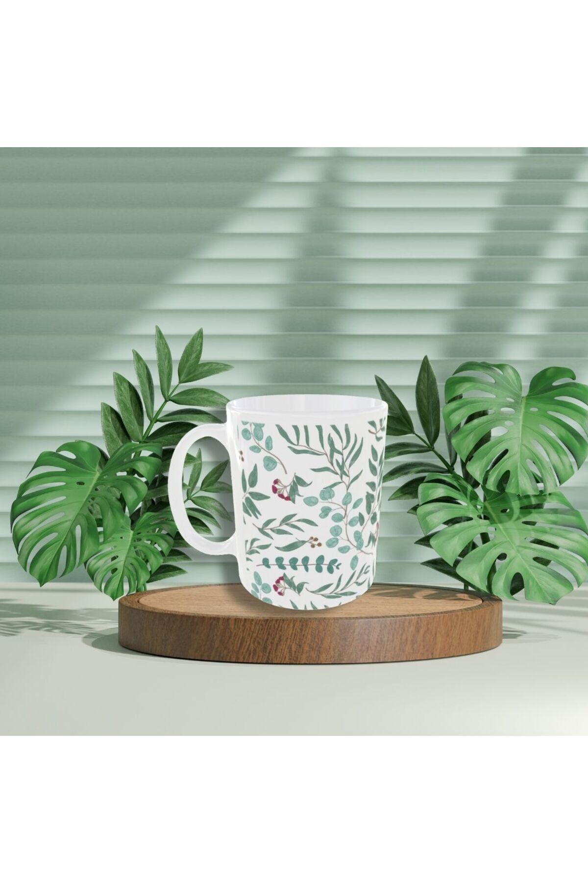 MODERN YEŞİL YAPRAK DESENLİ TASARIM KUPA