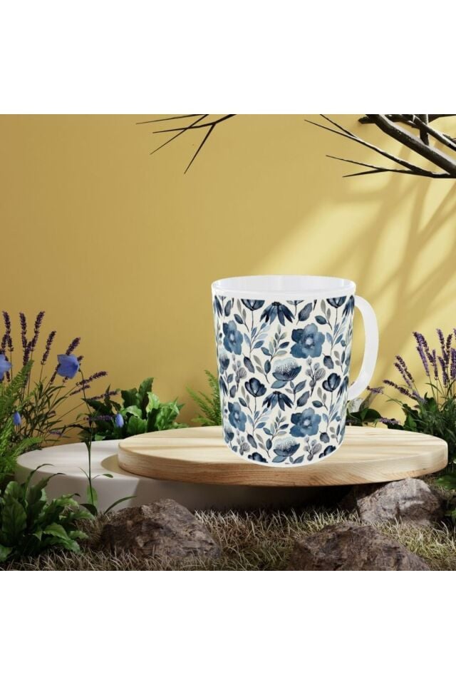 MODERN MAVİ BEYAZ ÇİÇEK DESENLİ TASARIM KUPA