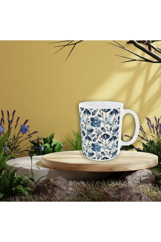 MODERN MAVİ BEYAZ ÇİÇEK DESENLİ TASARIM KUPA