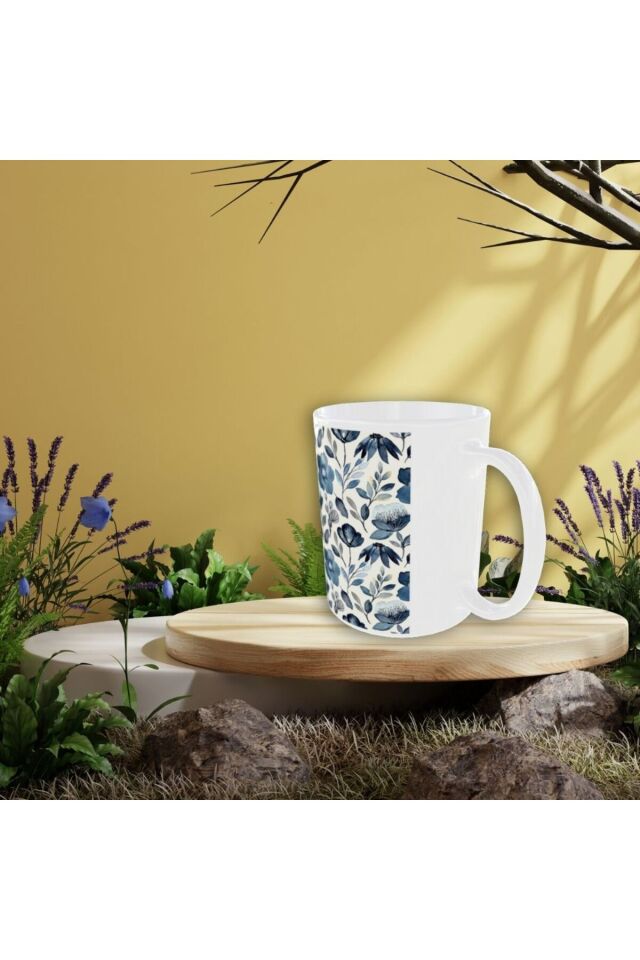 MODERN MAVİ BEYAZ ÇİÇEK DESENLİ TASARIM KUPA