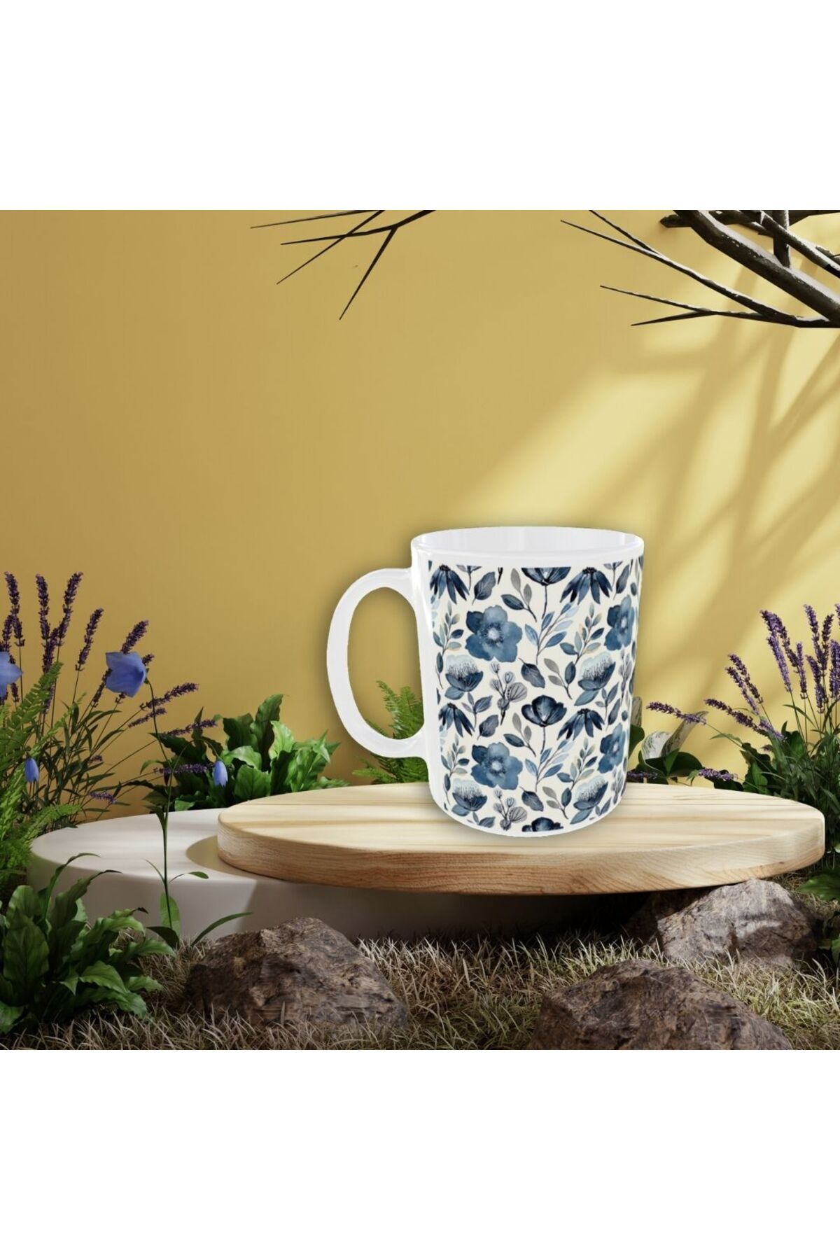 MODERN MAVİ BEYAZ ÇİÇEK DESENLİ TASARIM KUPA