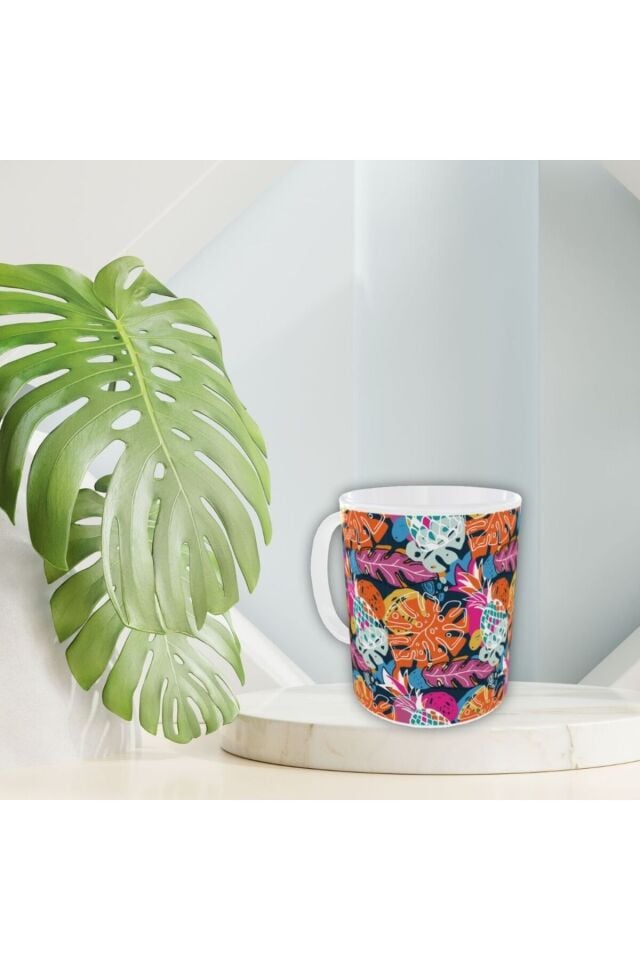 MODERN RENKLİ YAPRAK DESENLİ TASARIM KUPA-2