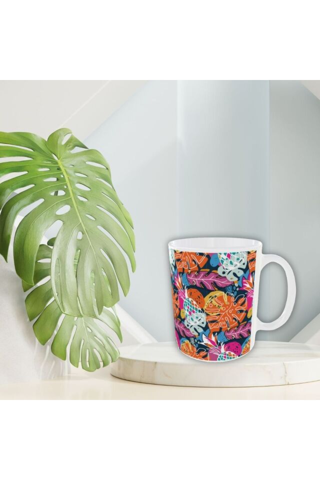 MODERN RENKLİ YAPRAK DESENLİ TASARIM KUPA-2