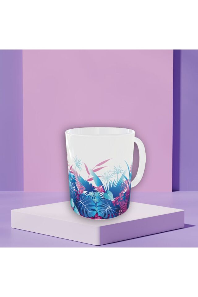 MAVİ PEMBE ÇİÇEK DESENLİ TASARIM KUPA