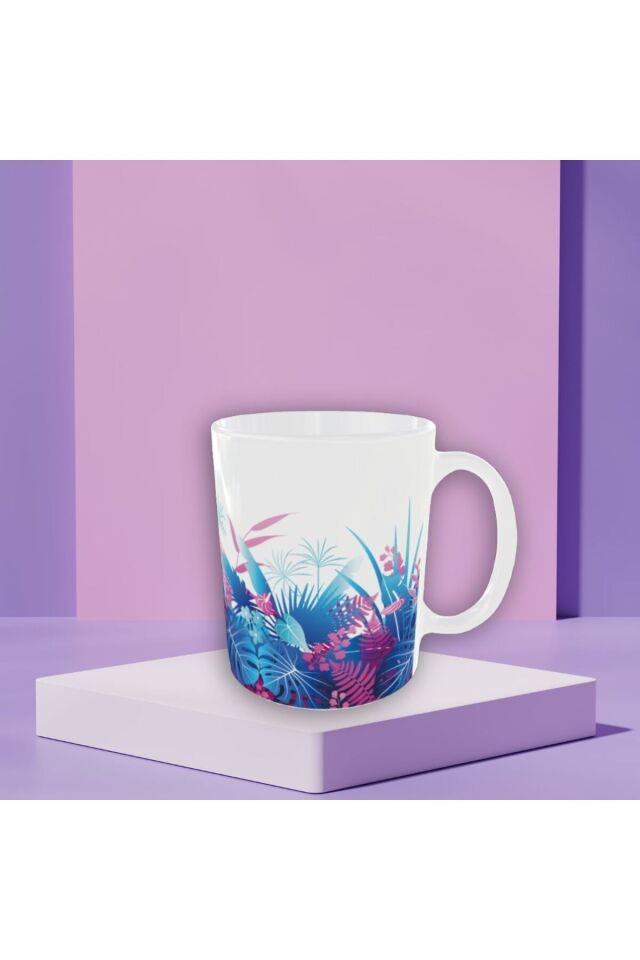 MAVİ PEMBE ÇİÇEK DESENLİ TASARIM KUPA