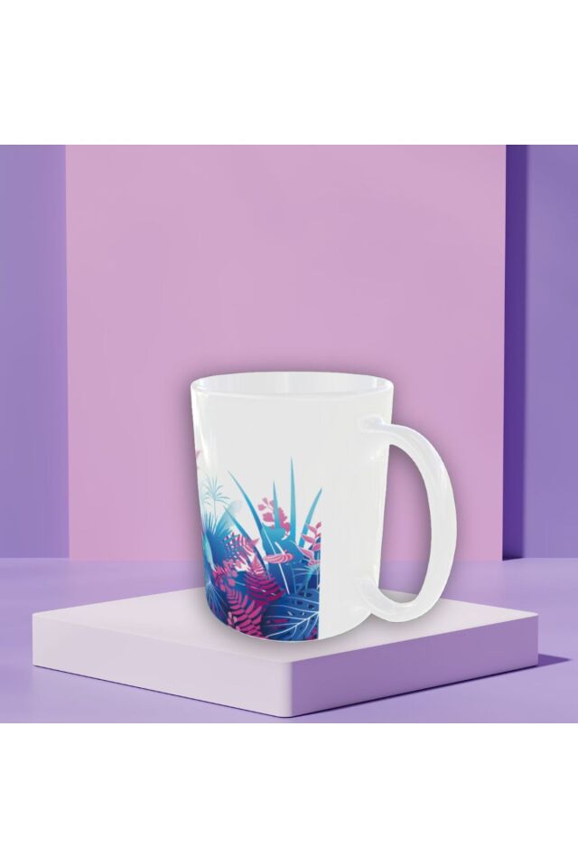 MAVİ PEMBE ÇİÇEK DESENLİ TASARIM KUPA