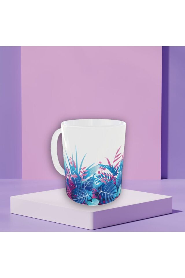 MAVİ PEMBE ÇİÇEK DESENLİ TASARIM KUPA