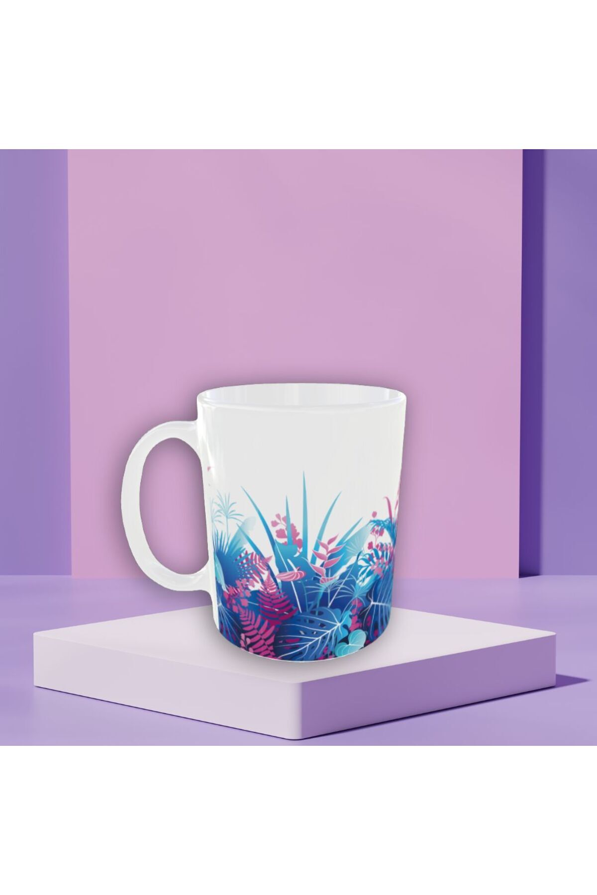 MAVİ PEMBE ÇİÇEK DESENLİ TASARIM KUPA