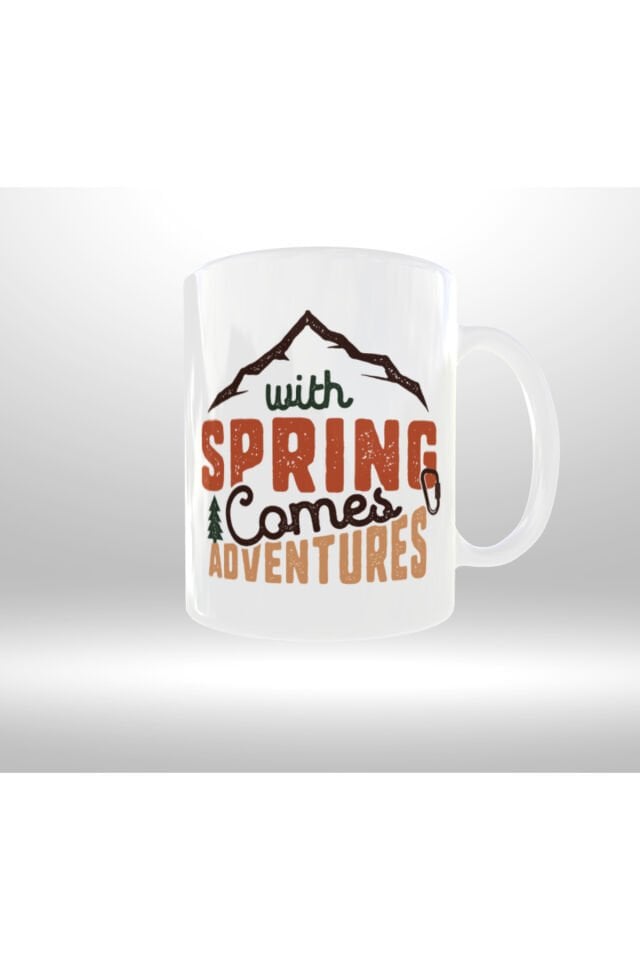 DOĞA KAMP TEMALI ''WITH SPRING COMES TO ADVENTURE'' YAZILI RETRO TASARIM KUPA