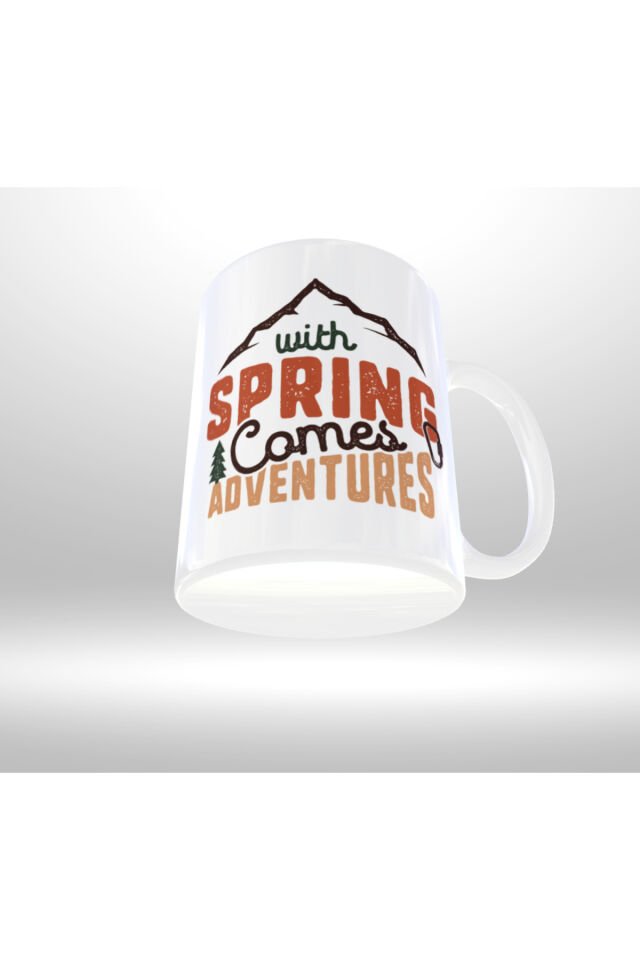 DOĞA KAMP TEMALI ''WITH SPRING COMES TO ADVENTURE'' YAZILI RETRO TASARIM KUPA