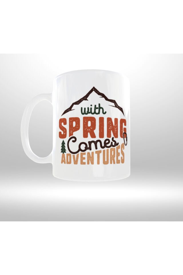 DOĞA KAMP TEMALI ''WITH SPRING COMES TO ADVENTURE'' YAZILI RETRO TASARIM KUPA