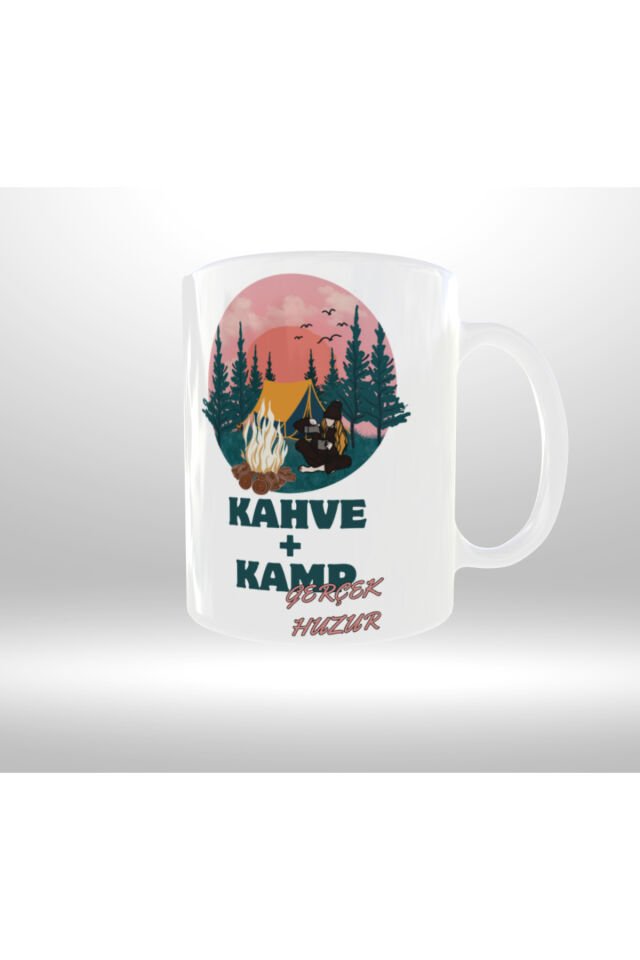 KAMP-DOĞA TEMALI ''KAHVE VE KAMP GERÇEK HUZUR'' YAZILI RETRO TASARIM KUPA