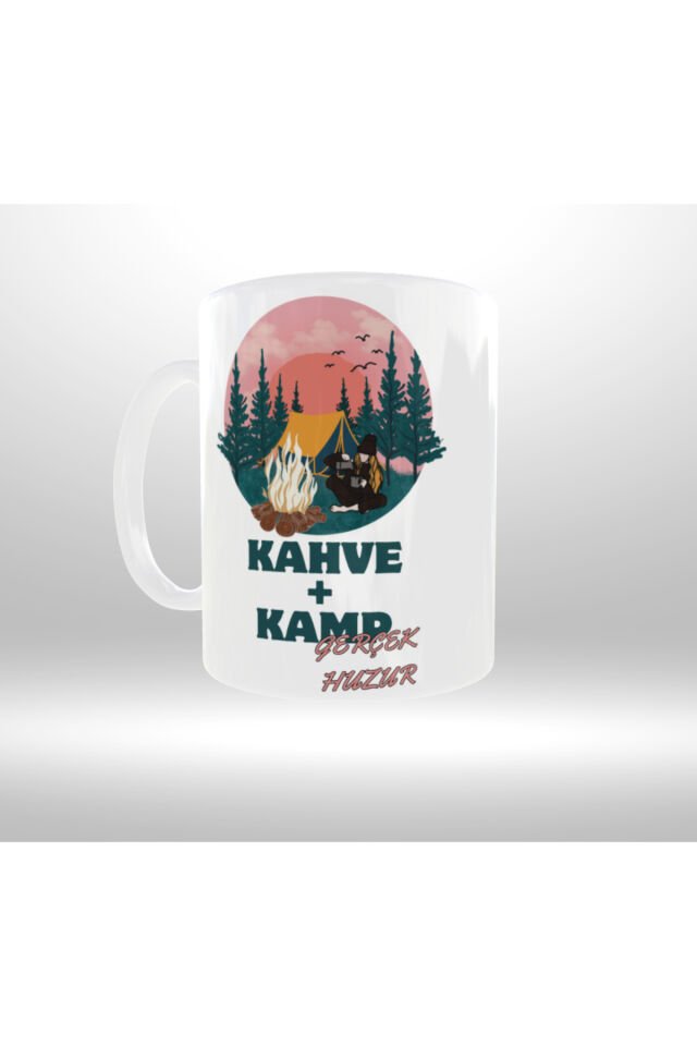 KAMP-DOĞA TEMALI ''KAHVE VE KAMP GERÇEK HUZUR'' YAZILI RETRO TASARIM KUPA