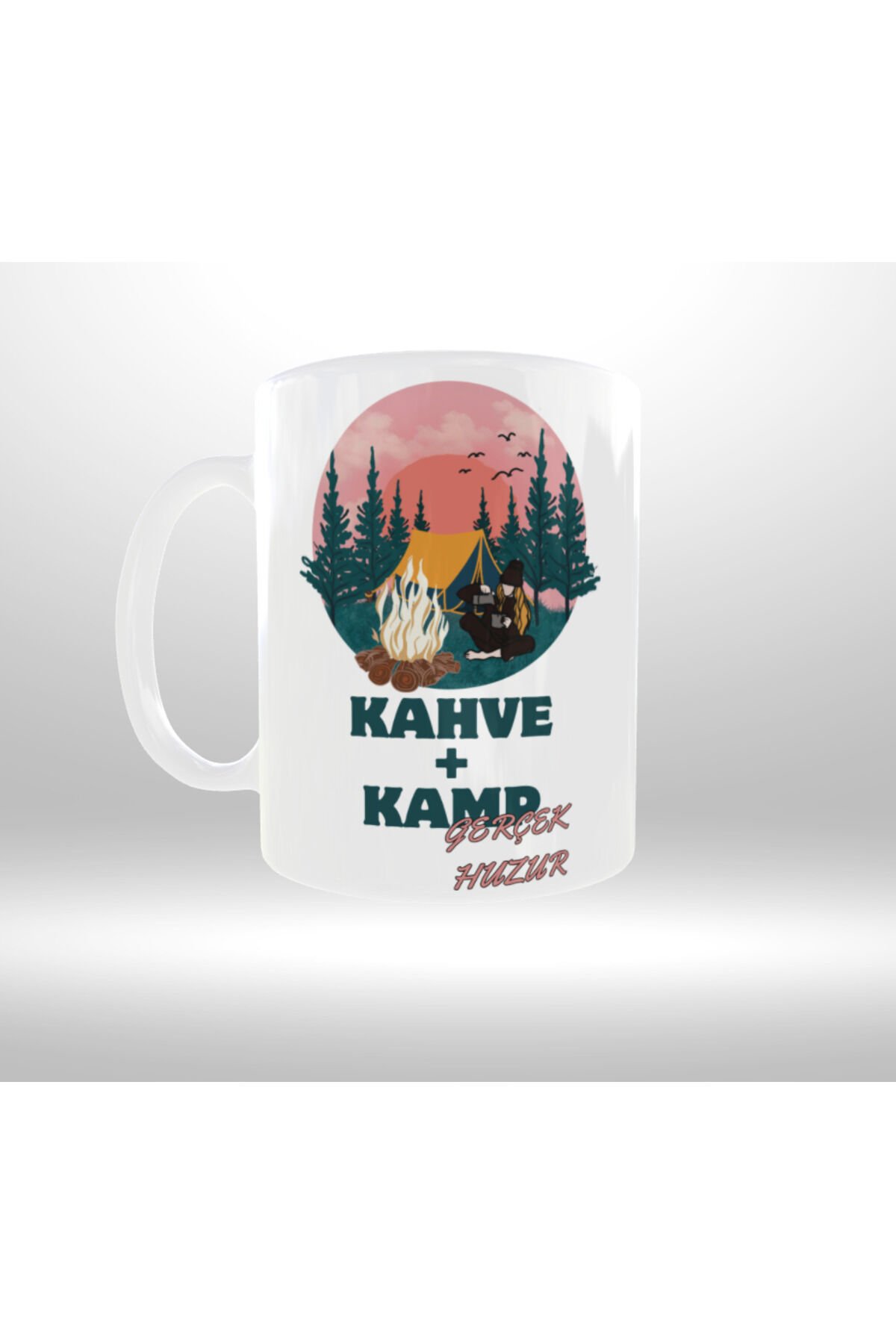 KAMP-DOĞA TEMALI ''KAHVE VE KAMP GERÇEK HUZUR'' YAZILI RETRO TASARIM KUPA