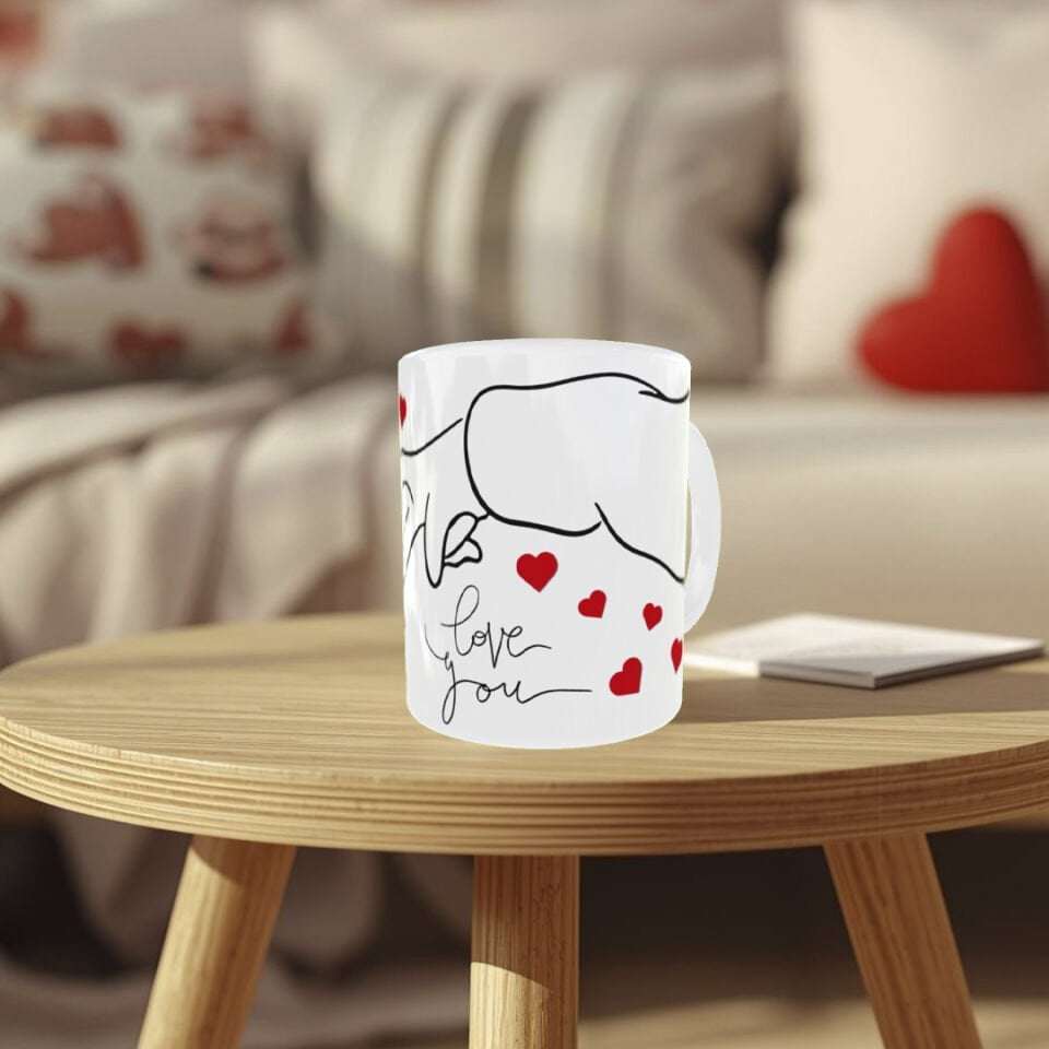 Aşk Dolu Eller – Kalpli Minimal Tasarım Porselen Kupa | Sevgiliye Özel Hediye