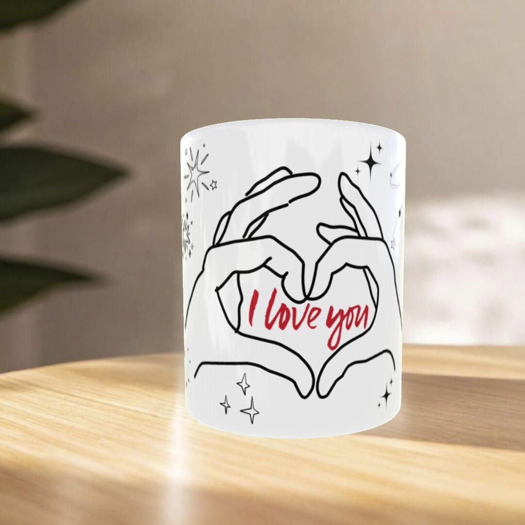 I Love You Yazılı Kalp Eller Tasarımlı Porselen Kupa | Sevgiliye Romantik Hediye