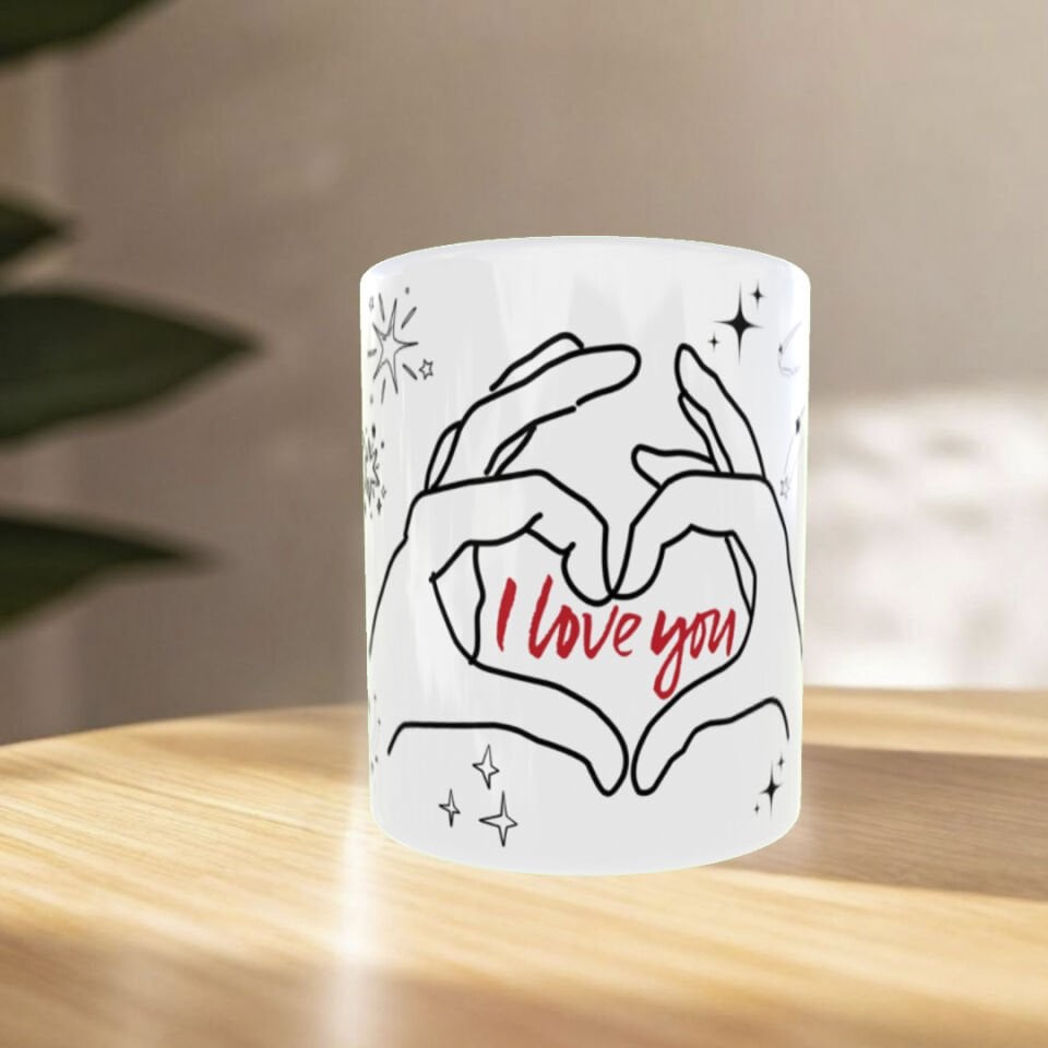 I Love You Yazılı Kalp Eller Tasarımlı Porselen Kupa | Sevgiliye Romantik Hediye
