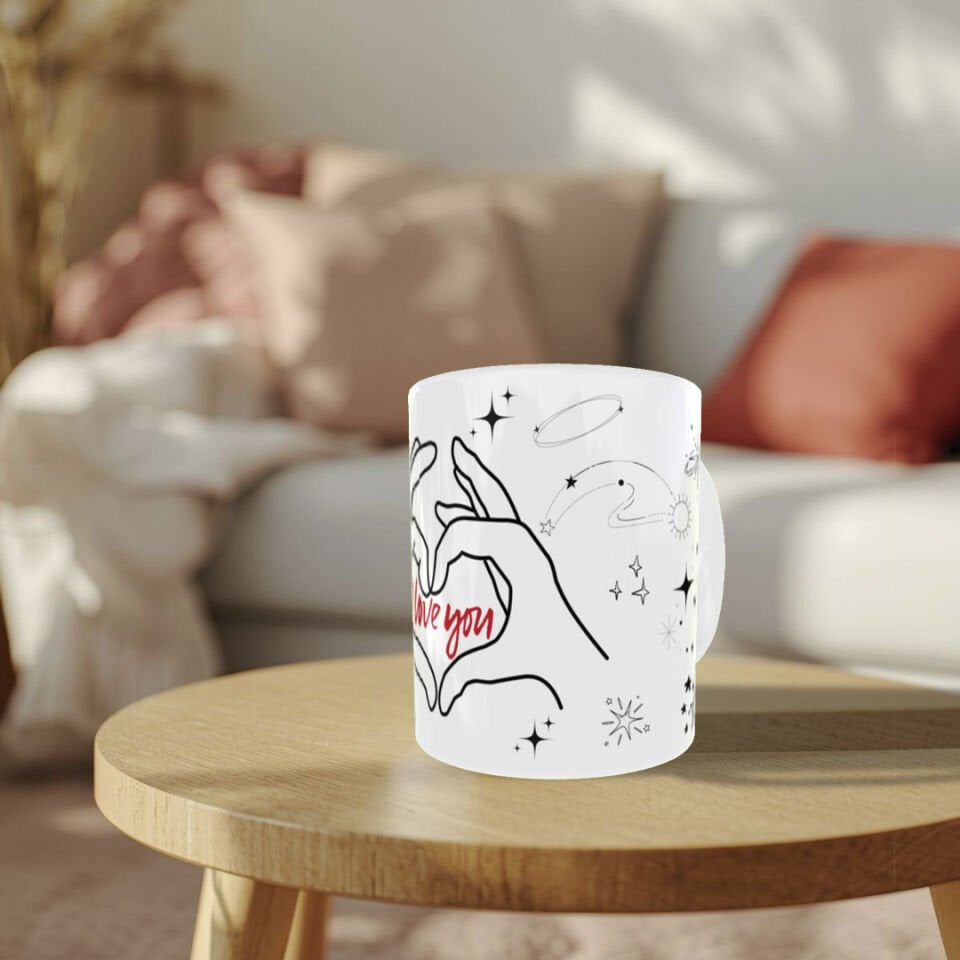 I Love You Yazılı Kalp Eller Tasarımlı Porselen Kupa | Sevgiliye Romantik Hediye