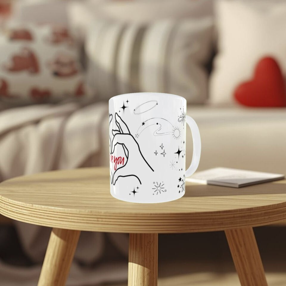 I Love You Yazılı Kalp Eller Tasarımlı Porselen Kupa | Sevgiliye Romantik Hediye