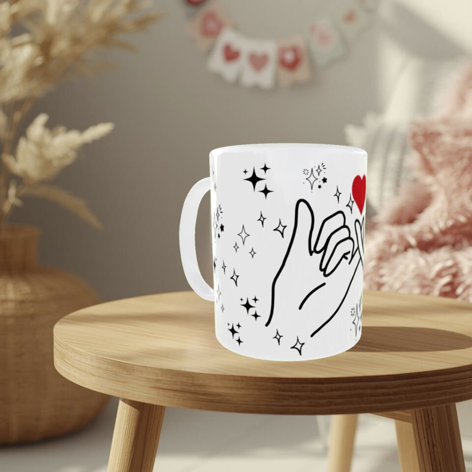 Kalpli Pinky Promise Tasarımlı Porselen Kupa | Sevgiliye Anlamlı Romantik Hediye