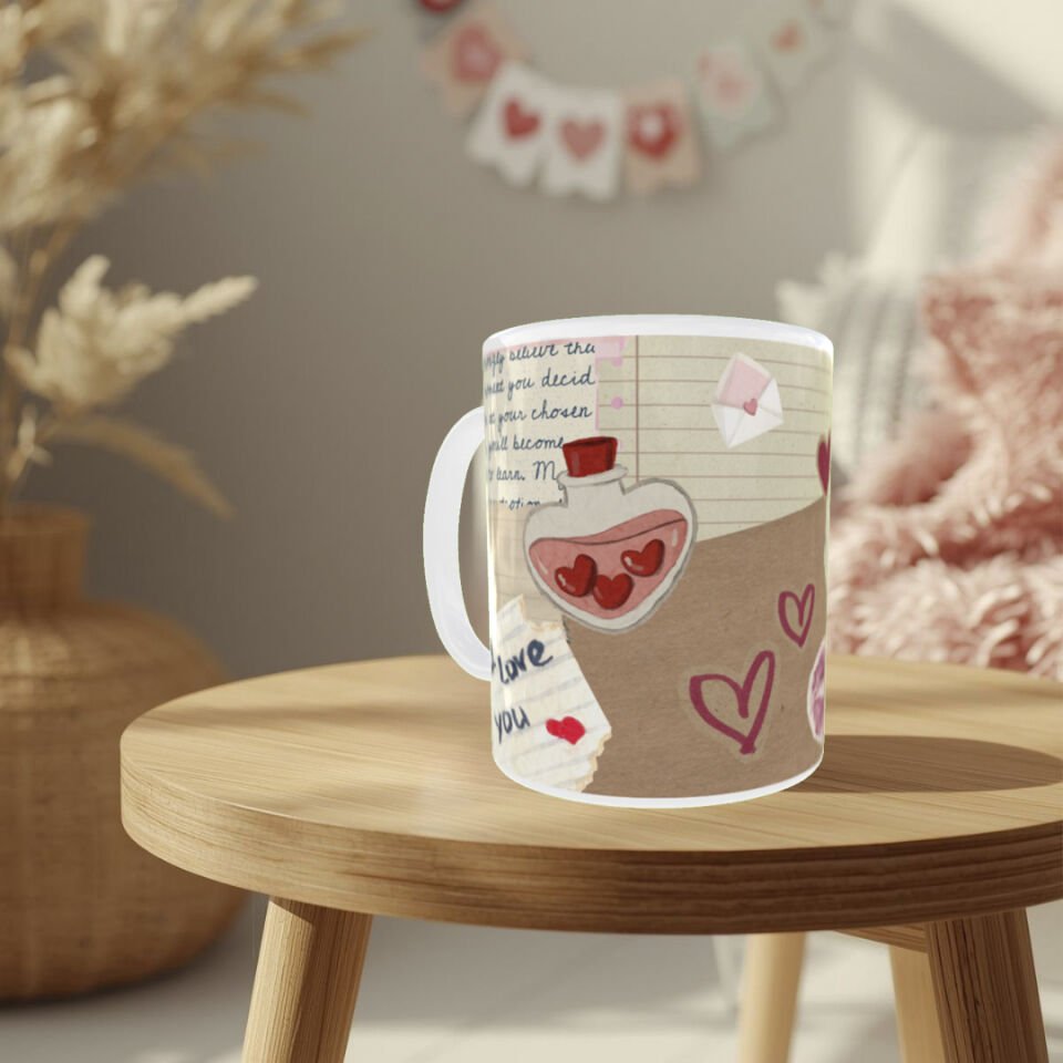 Vintage Tasarım Aşk İksiri ve Mektup Temalı Sevgiliye Hediye Kupa Bardak