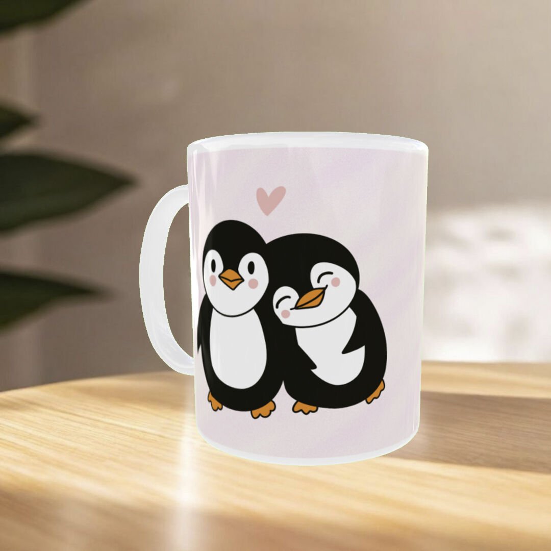 Sevimli Penguen Çift Tasarımlı Porselen Kupa  Romantik Aşk Kupası