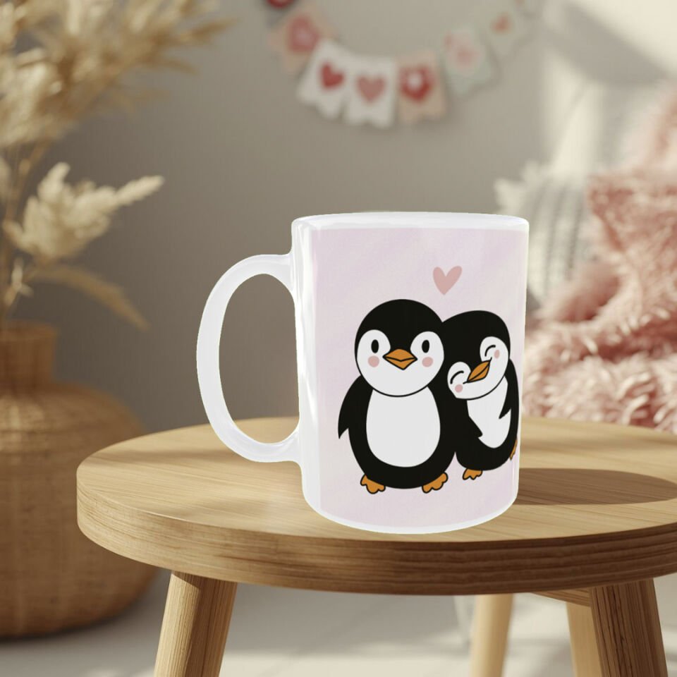 Sevimli Penguen Çift Tasarımlı Porselen Kupa  Romantik Aşk Kupası