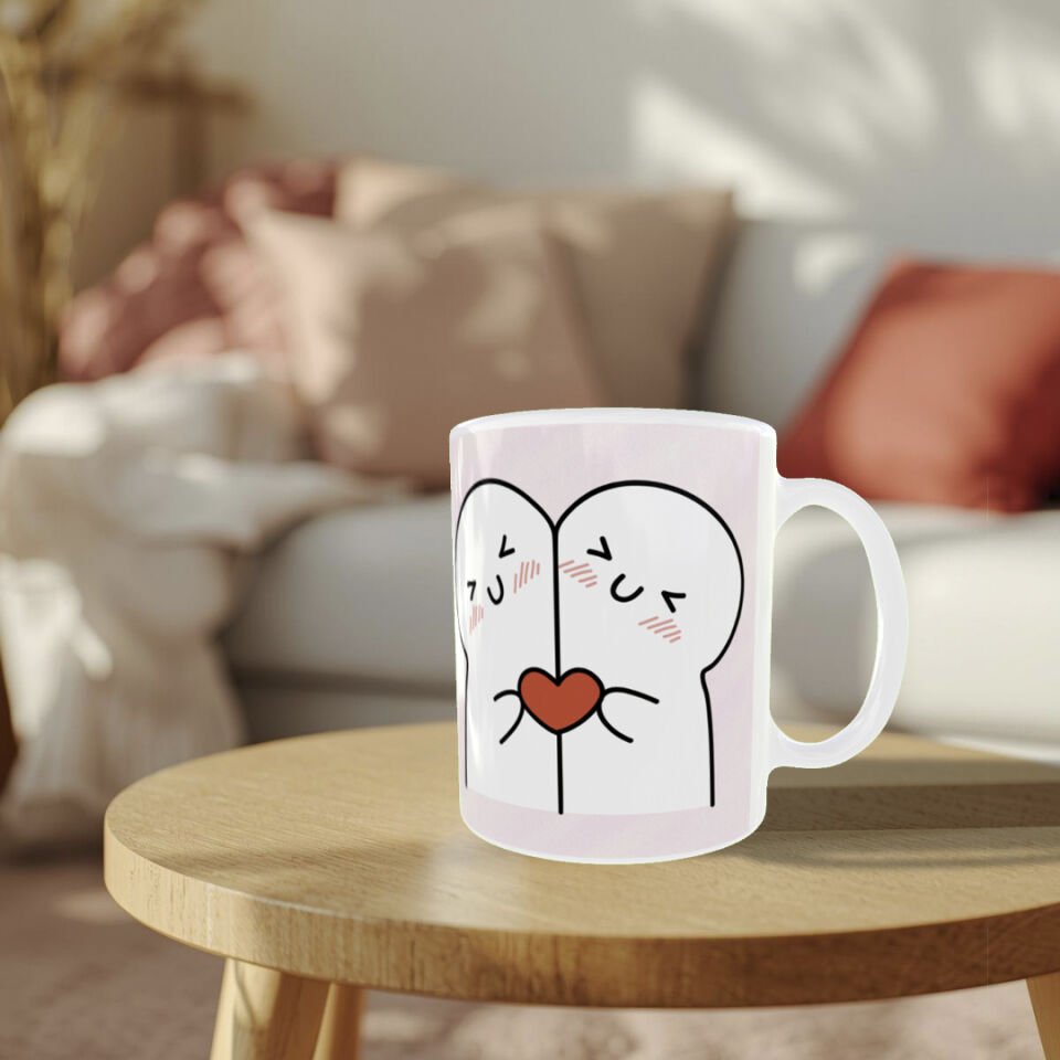 Sevgililer Günü Kalpli Sarılan Çift Desenli Porselen Kupa