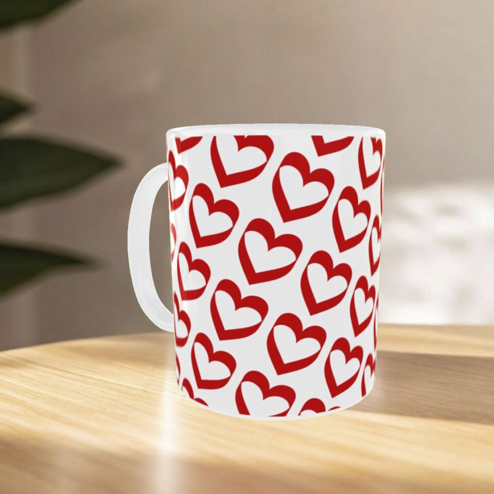 Sevgililer Günü Kırmızı Kalp Desenli Porselen Kupa – Romantik Hediyelik Kupa