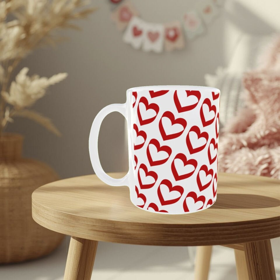 Sevgililer Günü Kırmızı Kalp Desenli Porselen Kupa – Romantik Hediyelik Kupa