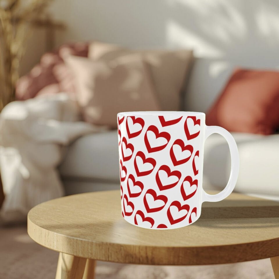 Sevgililer Günü Kırmızı Kalp Desenli Porselen Kupa – Romantik Hediyelik Kupa