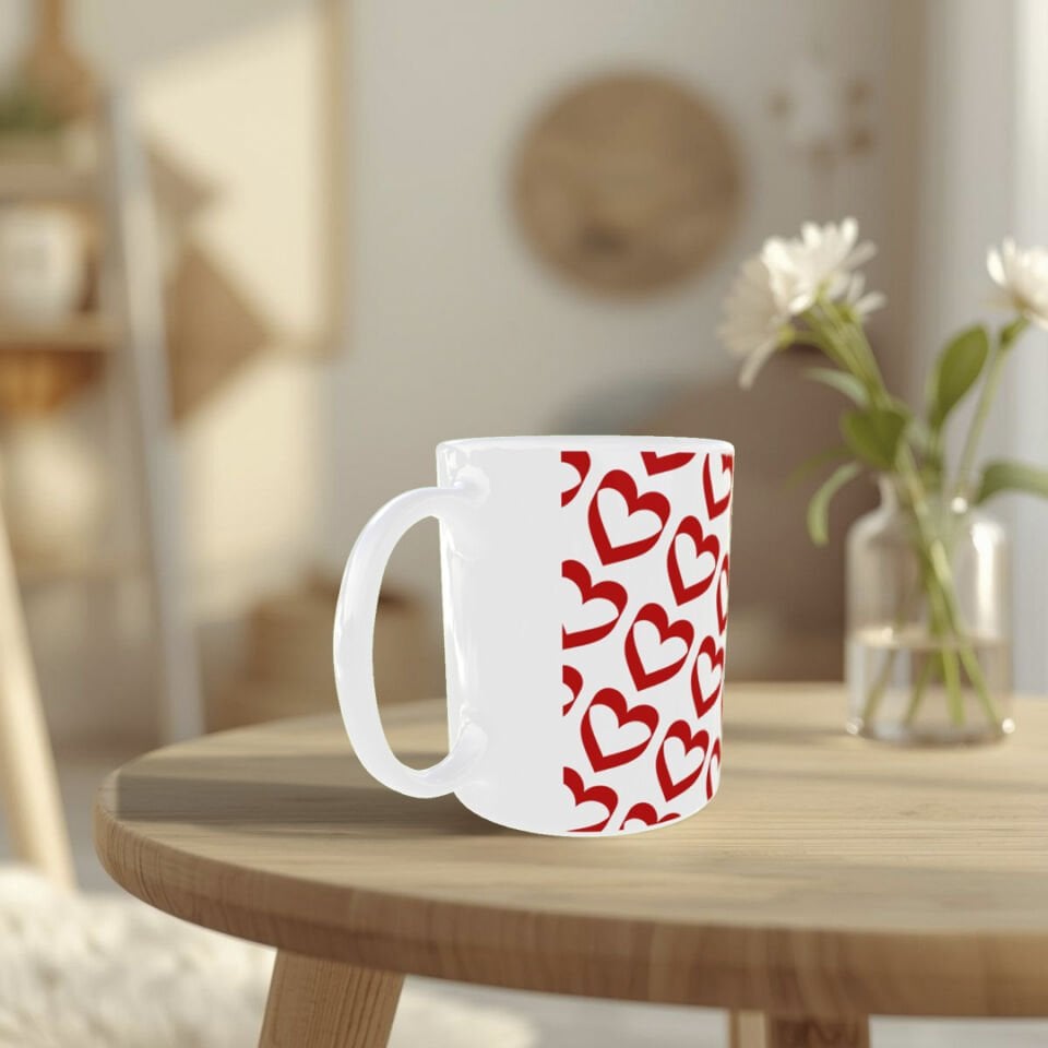 Sevgililer Günü Kırmızı Kalp Desenli Porselen Kupa – Romantik Hediyelik Kupa