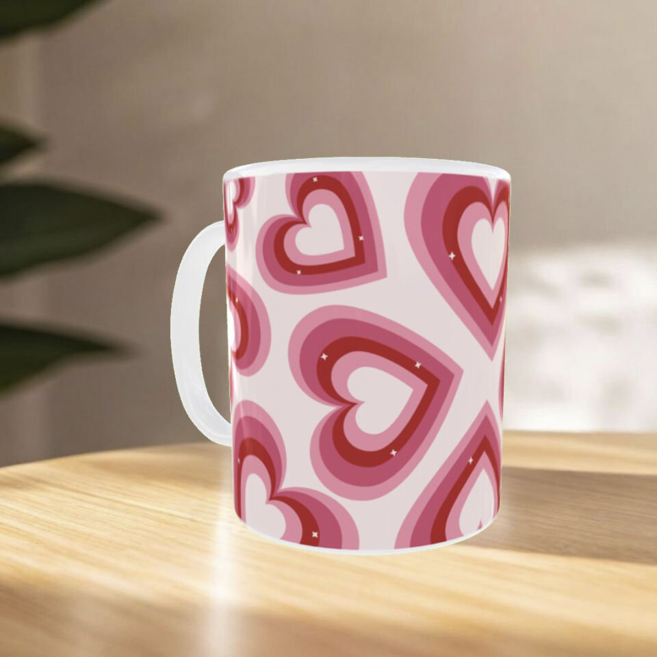 Sevgililer Günü Pembe Kalp Desenli Porselen -Romantik Hediyelik Kupa