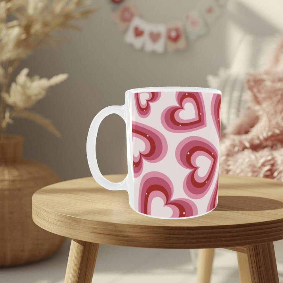 Sevgililer Günü Pembe Kalp Desenli Porselen -Romantik Hediyelik Kupa